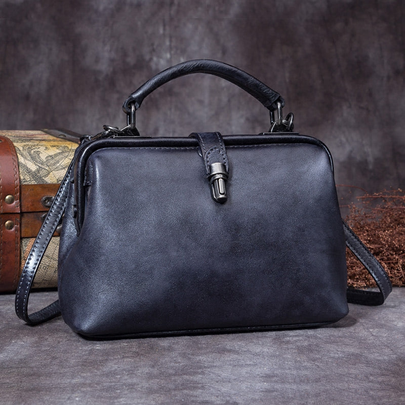 Handmade Womens Black Leather Doctor Handbag Purse Vintage Small