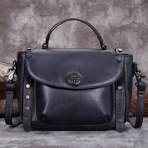 Handmade Genuine Leather Vintage Handbag Crossbody Shoulder Bags Purses Women Grey