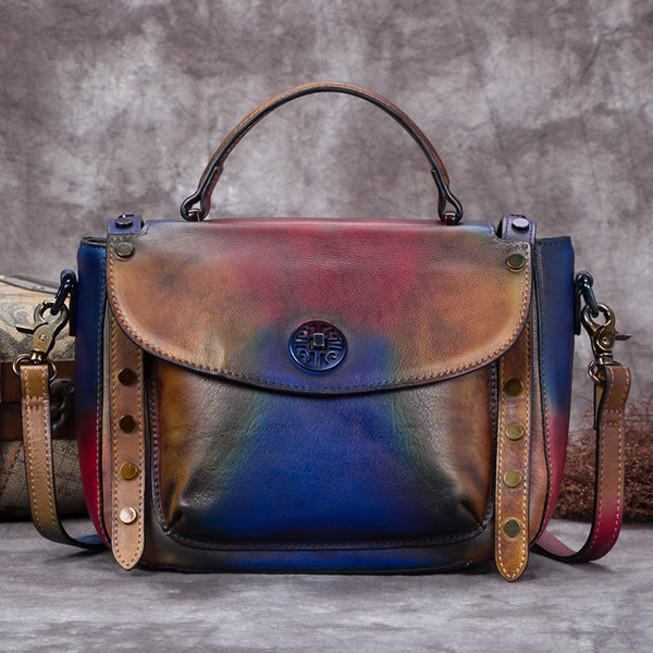 Handmade Genuine Leather Vintage Handbag Crossbody Shoulder Bags Purses Women Multi-Colored