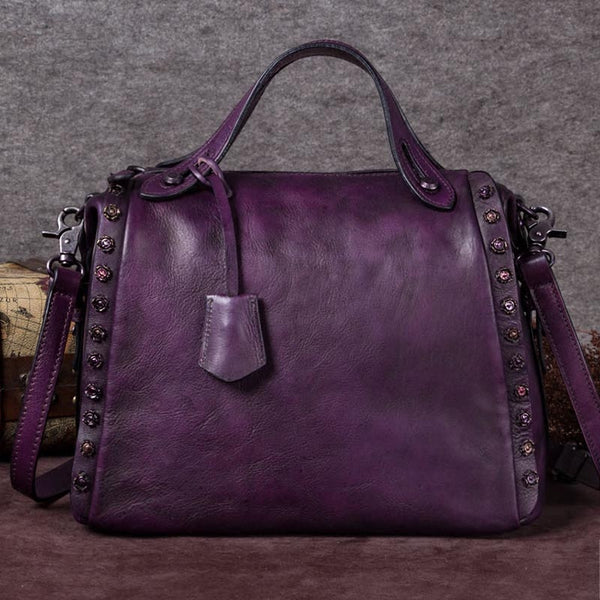 Handmade Genuine Leather Vintage Handbag Crossbody Shoulder Bags Purses Women Purple big