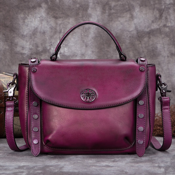 Handmade Genuine Leather Vintage Handbag Crossbody Shoulder Bags Purses Women Purple