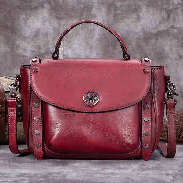 Handmade Genuine Leather Vintage Handbag Crossbody Shoulder Bags Purses Women Red