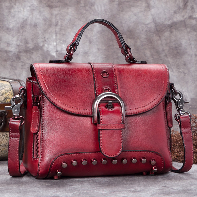 Womens Retro Classic Genuine Leather Handbags Embossed Shoulder Bag Red