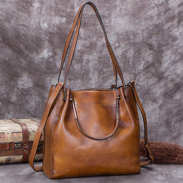 Handmade Genuine Leather Vintage Handbag Crossbody Shoulder Bucket Bags Purses Women Brown