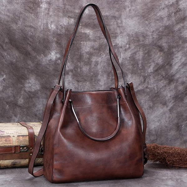 Handmade Genuine Leather Vintage Handbag Crossbody Shoulder Bucket Bags Purses Women Coffee