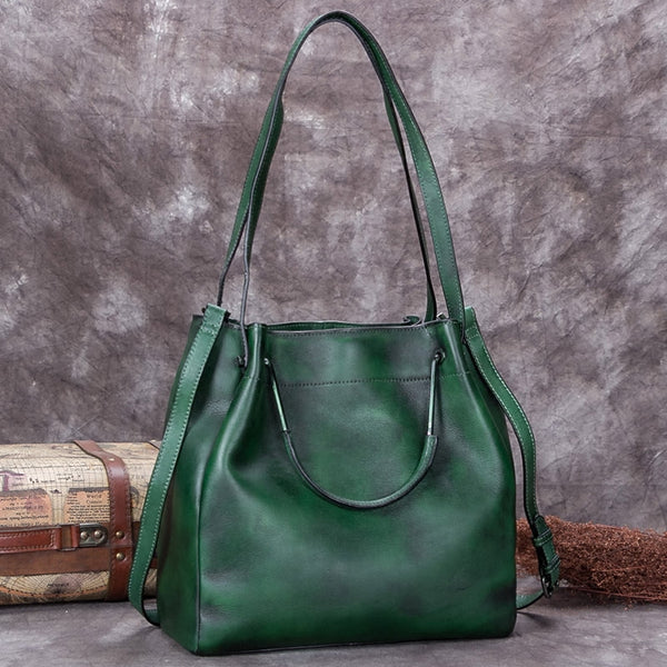 Handmade Genuine Leather Vintage Handbag Crossbody Shoulder Bucket Bags Purses Women Green