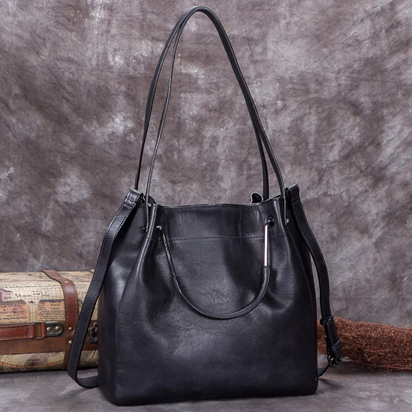 Handmade Genuine Leather Vintage Handbag Crossbody Shoulder Bucket Bags Purses Women Grey