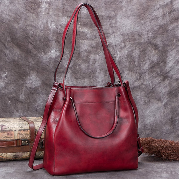 Handmade Genuine Leather Vintage Handbag Crossbody Shoulder Bucket Bags Purses Women Red