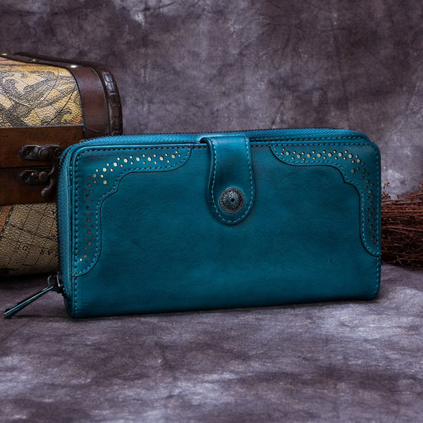 Handmade Genuine Leather Vintage Long Wallet Purse Clutch Accessories Gift Women Blue
