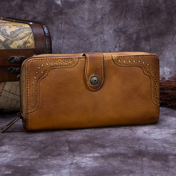 Handmade Genuine Leather Vintage Long Wallet Purse Clutch Accessories Gift Women Brown