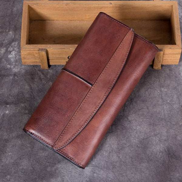 Handmade Genuine Leather Vintage Long Wallet Purse Clutch Accessories Gift Women Coffee