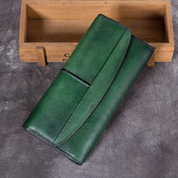 Handmade Genuine Leather Vintage Long Wallet Purse Clutch Accessories Gift Women Dark Green