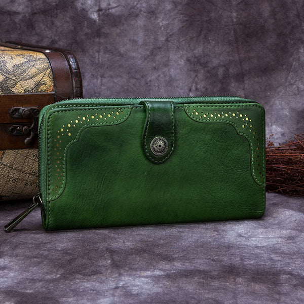Handmade Genuine Leather Vintage Long Wallet Purse Clutch Accessories Gift Women Green