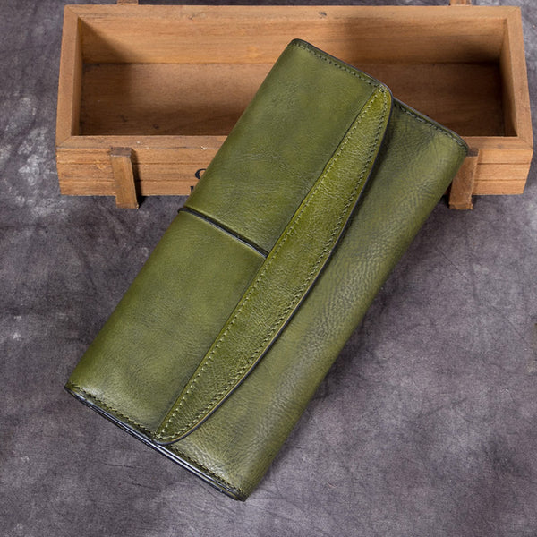 Handmade Genuine Leather Vintage Long Wallet Purse Clutch Accessories Gift Women Green