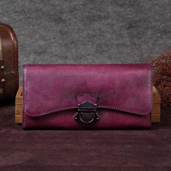 Handmade Genuine Leather Vintage Long Wallet Purse Clutch Accessories Gift Women Purple