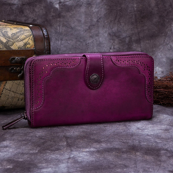Handmade Genuine Leather Vintage Long Wallet Purse Clutch Accessories Gift Women Purple