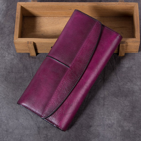 Handmade Genuine Leather Vintage Long Wallet Purse Clutch Accessories Gift Women Purple