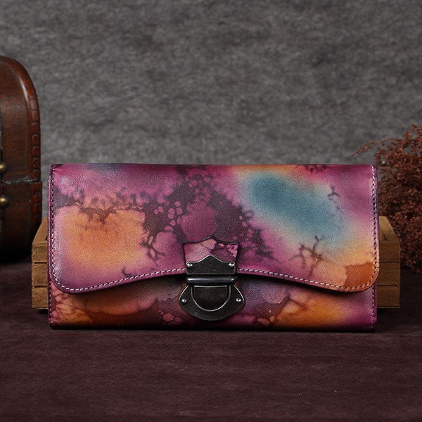 Handmade Genuine Leather Vintage Long Wallet Purse Clutch Accessories Gift Women Purple&Yellow