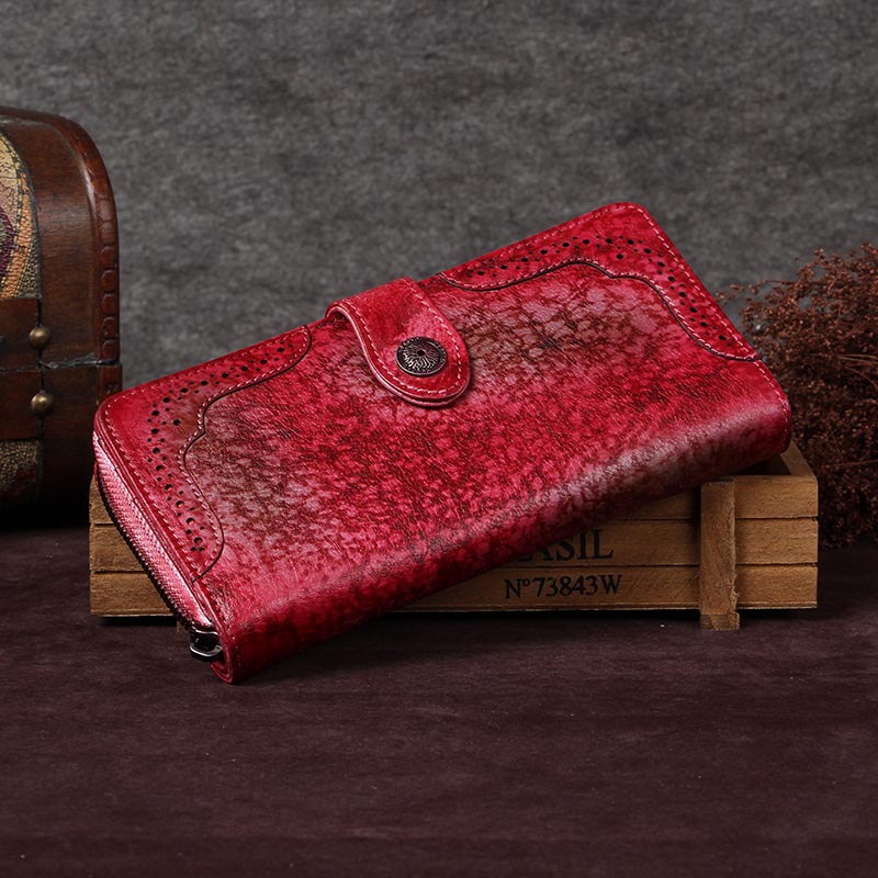 Full Grain Leather Wallet for Women Handmade Leather Purse Vintage Long Wallet A03232