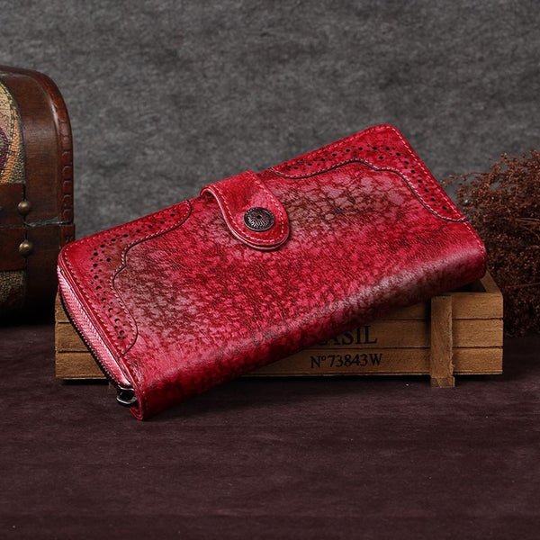 Handmade Genuine Leather Vintage Long Wallet Purse Clutch Accessories Gift Women Red-Coffee