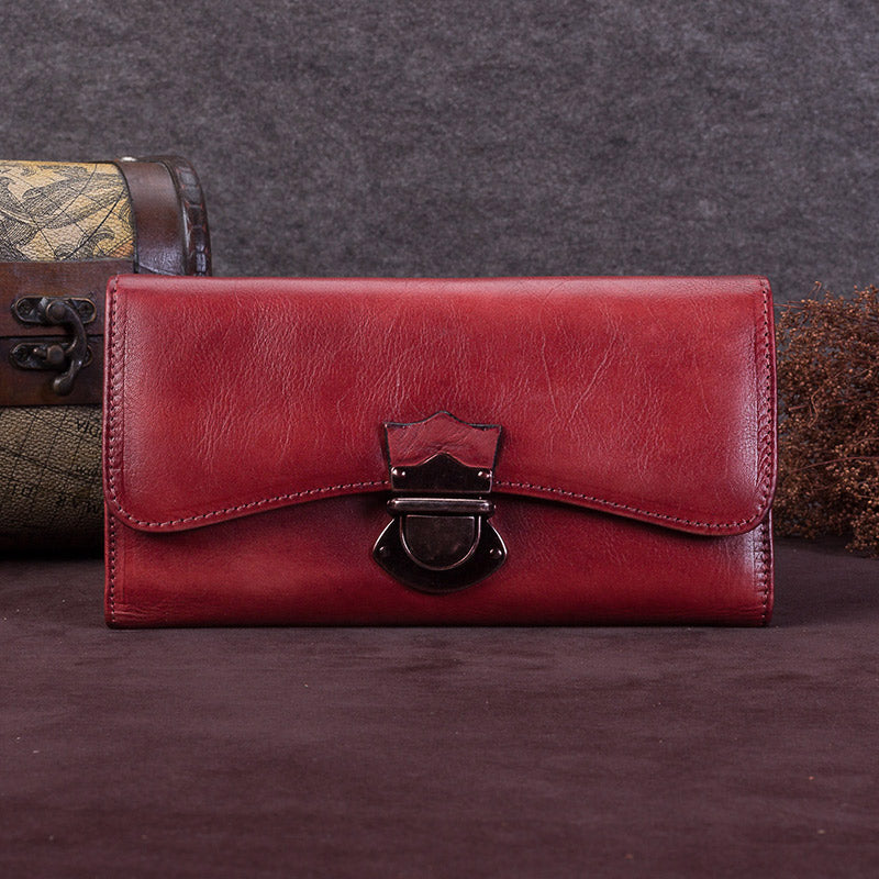 Handmade Genuine Leather Vintage Long Wallet Purse Clutch Accessories Gift Women Red
