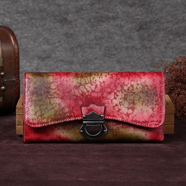 Handmade Genuine Leather Vintage Long Wallet Purse Clutch Accessories Gift Women Red&Coffee