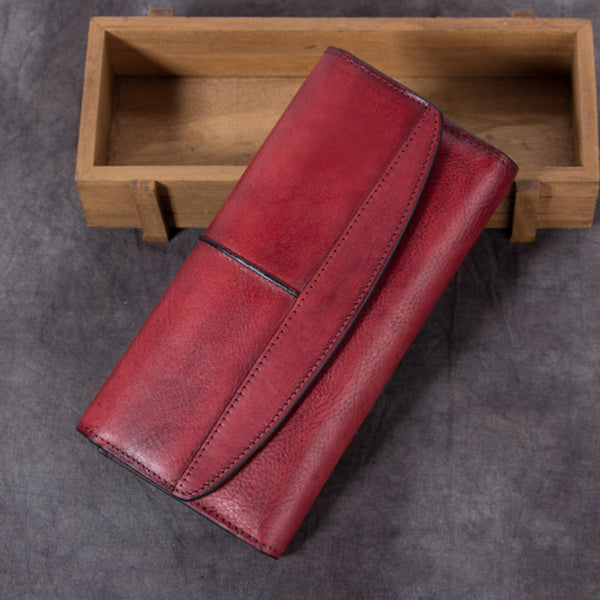 Handmade Genuine Leather Vintage Long Wallet Purse Clutch Accessories Gift Women Red