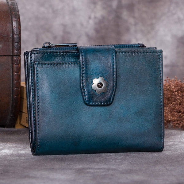 Handmade Genuine Leather Vintage Short Wallet Purse Accessories Gift Women Blue