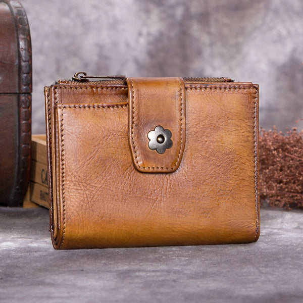 Handmade Genuine Leather Vintage Short Wallet Purse Accessories Gift Women Brown