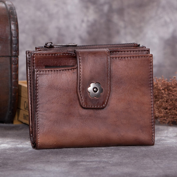 Handmade Genuine Leather Vintage Short Wallet Purse Accessories Gift Women Coffee