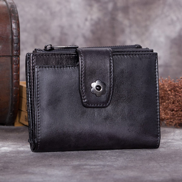 Handmade Genuine Leather Vintage Short Wallet Purse Accessories Gift Women Grey