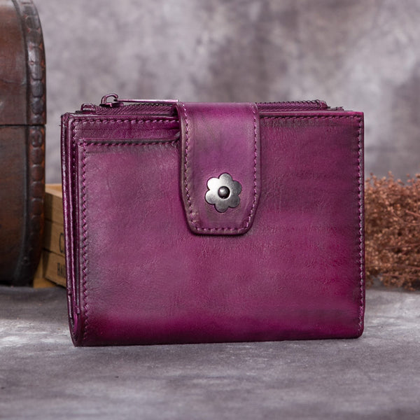 Handmade Genuine Leather Vintage Short Wallet Purse Accessories Gift Women Purple