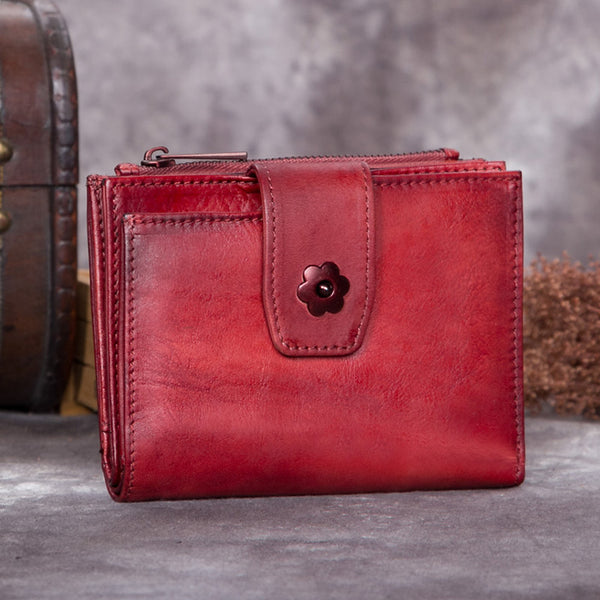 Handmade Genuine Leather Vintage Short Wallet Purse Accessories Gift Women Red