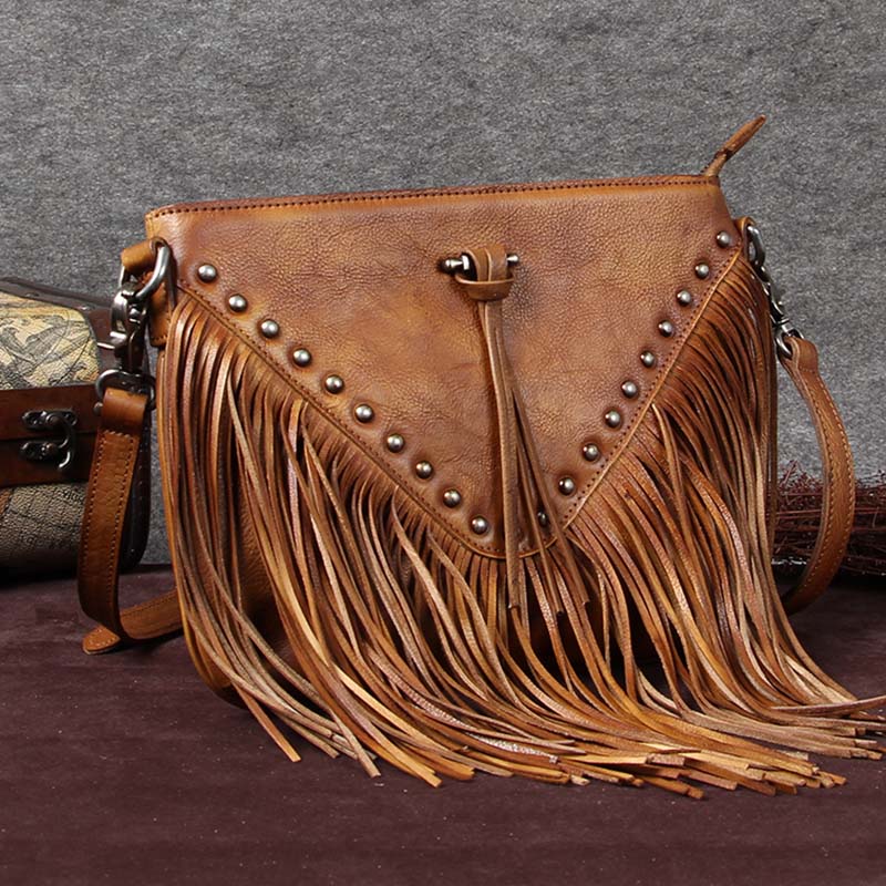 Vintage Boho Leather Fringe Crossbody Bag