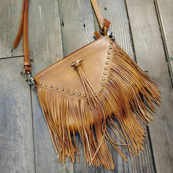Handmade Genuine Leather Vintage Tassels-Crossbody Shoulder Bags Purses Women Brown