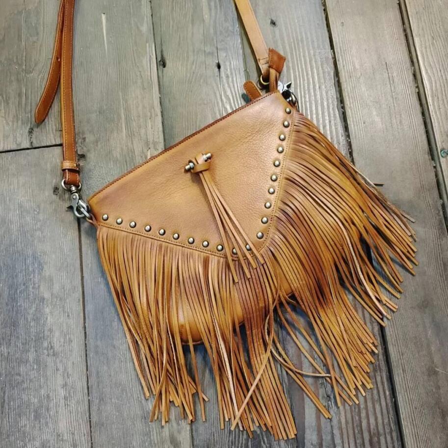 Vintage Boho Bags for Women Western Leather Fringe Purse, Brown