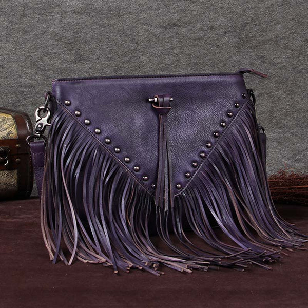 Handmade Genuine Leather Vintage Tassels Crossbody Shoulder Bags Purses Women Purple