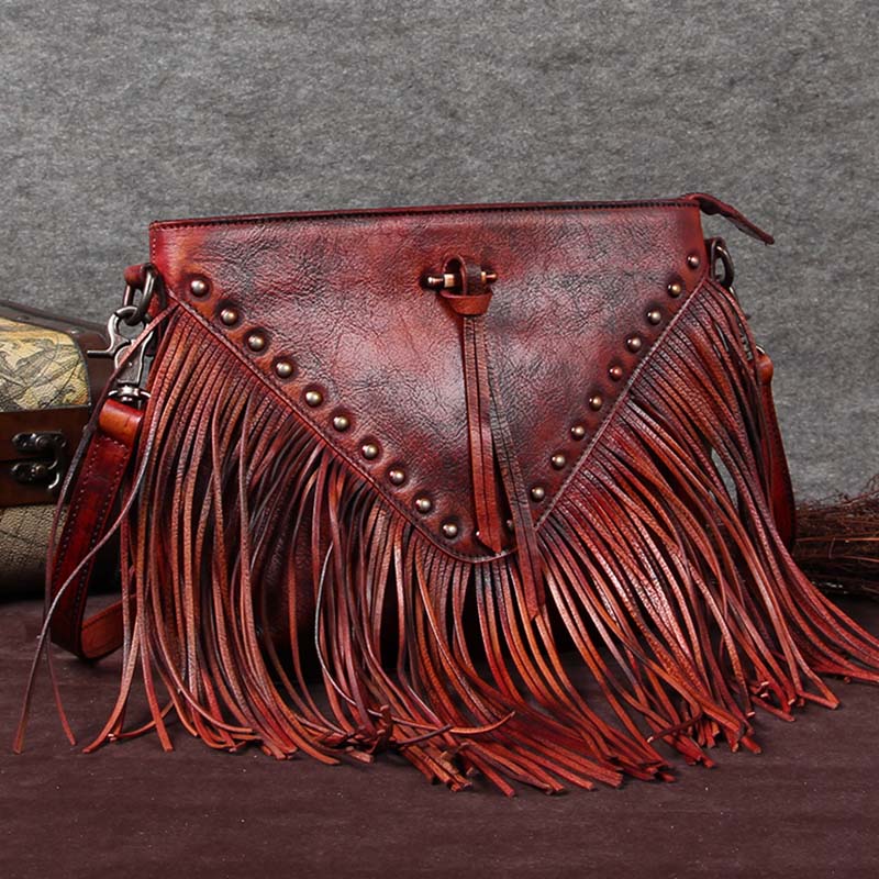 Rainbow - Dead Themed - Tooled Leather Fringe Crossbody Bag - Lotus Leather Brown with Fringe