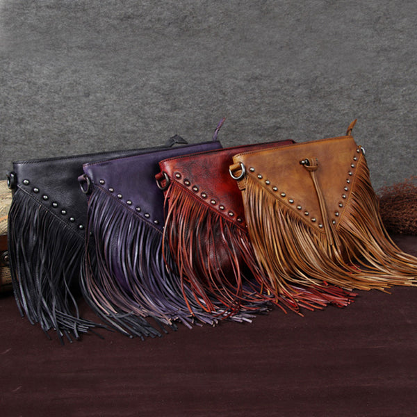 Handmade Genuine Leather Vintage Tassels Crossbody Shoulder Bags Purses Women boho