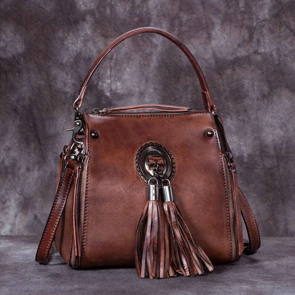 Handmade Genuine Leather Vintage Tassels backpacks Handbag Crossbody Shoulder Bags Womens Accessories Coffee