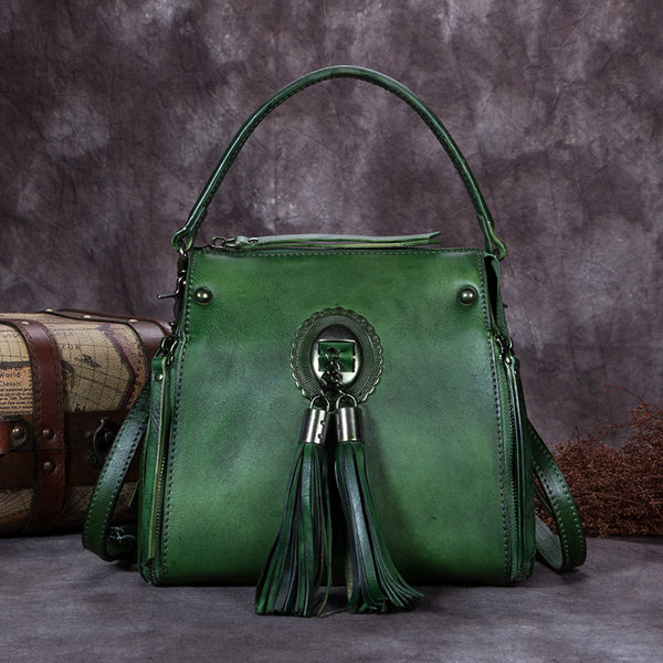 Handmade Genuine Leather Vintage Tassels backpacks Handbag Crossbody Shoulder Bags Womens Accessories Green