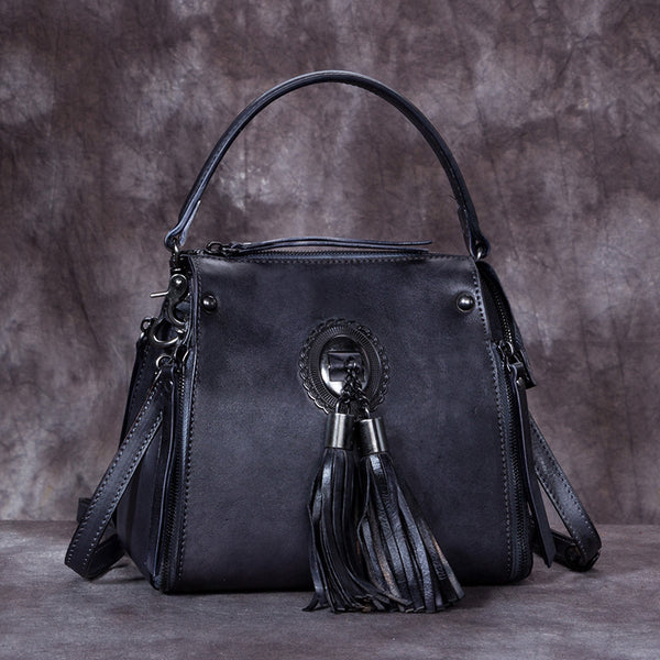 Handmade Genuine Leather Vintage Tassels backpacks Handbag Crossbody Shoulder Bags Womens Accessories Grey