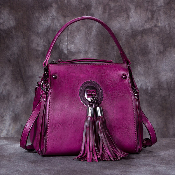 Handmade Genuine Leather Vintage Tassels backpacks Handbag Crossbody Shoulder Bags Womens Accessories Purple
