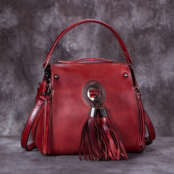 Handmade Genuine Leather Vintage Tassels backpacks Handbag Crossbody Shoulder Bags Womens Accessories Red