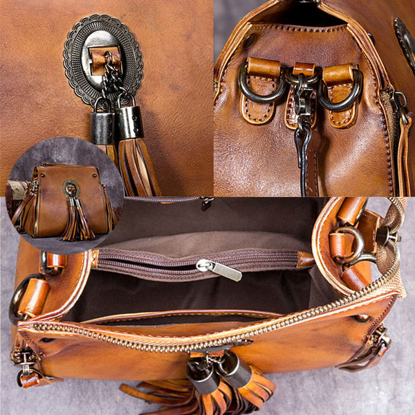 Handmade Genuine Leather Vintage Tassels backpacks Handbag Crossbody Shoulder Bags Womens Accessories Unique