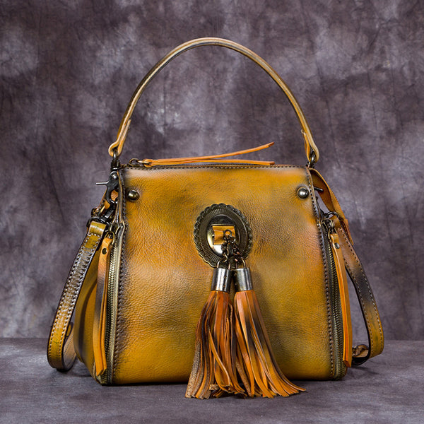 Handmade Genuine Leather Vintage Tassels backpacks Handbag Crossbody Shoulder Bags Womens Accessories Yellow