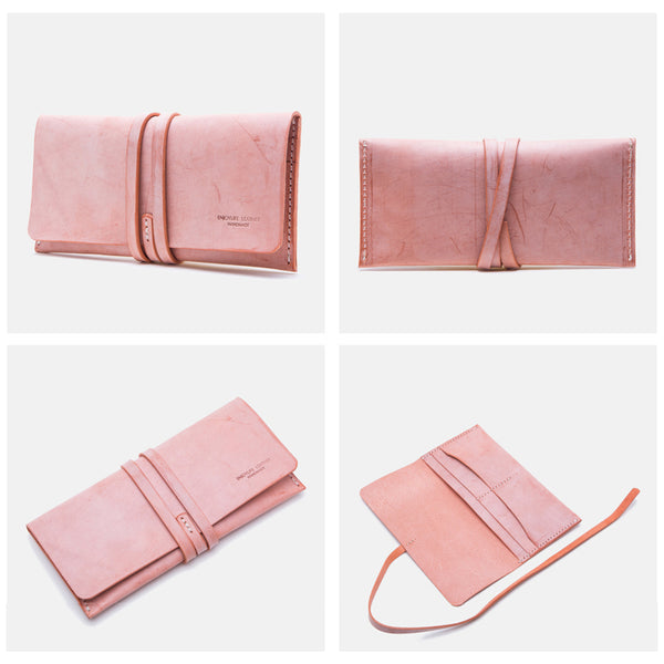 Handmade Ladies Pink Leather Long Wallets Clutch Bags Purses for Women Designer