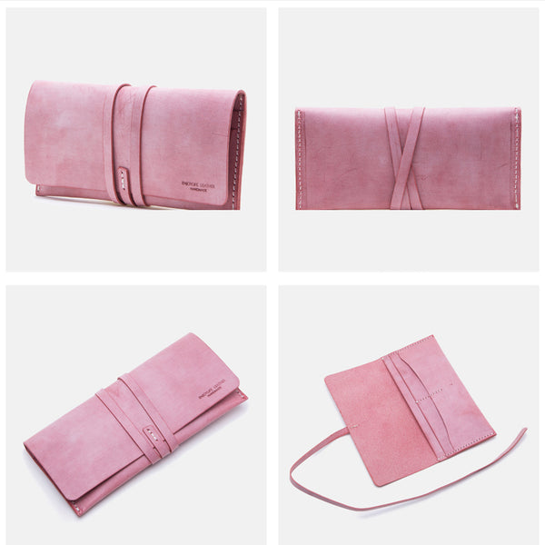 Handmade Ladies Pink Leather Long Wallets Clutch Bags Purses for Women Genuine Leather