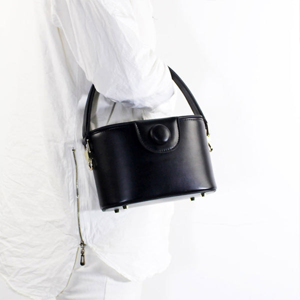 Handmade Leather Handbag Crossbody Shoulder Round Bag Purse Clutch Women black