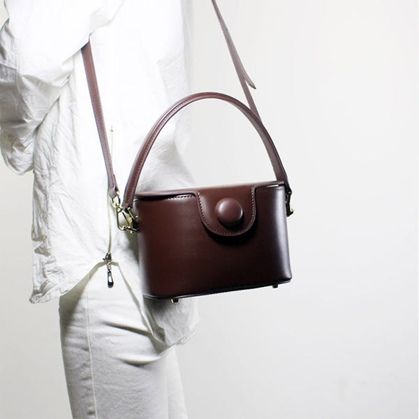 Handmade Leather Handbag Crossbody Shoulder Round Bag Purse Clutch Women drak brown